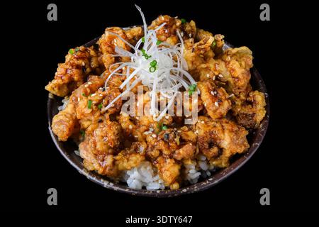 A rice bowl topped with crispy fried chicken drizzled in a savory sauce and garnished with shredded scallions. Isolated on a black background Stock Photo