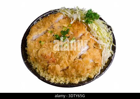 A Japanese katsudon rice bowl featuring a crispy pork cutlet topped with a soft-cooked egg, served over steamed rice. Isolated on white background Stock Photo