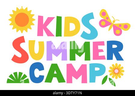 Kids summer camp lettering in bright playful style. Vector illustration of camping and outdoor adventure. Design elements for banner, poster, flyer, t Stock Vector