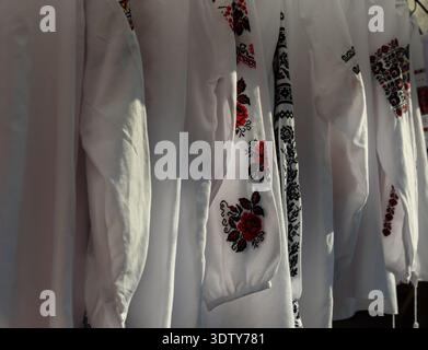 Ukrainian embroidered shirts on the market. Stock Photo