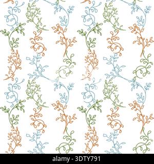 Spring flowers with petals and leaves. Vector illustration. Elements of wild and garden plants, branches, and herbs, seamless pattern isolated on back Stock Vector
