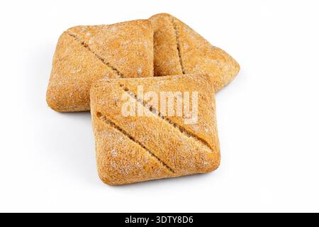 Rustic square cereal rolls, individual crusty bread isolated on a white background Stock Photo