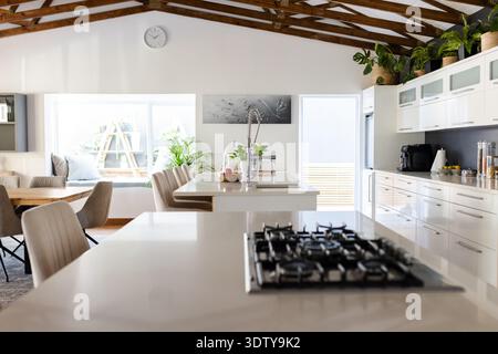 Central kitchen island is gleaming with tall chrome faucet and fruit bowl in open-plan dining area Stock Photo