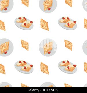 Seamless pattern with sweet croissants, strawberries and almonds on a plate vector Stock Vector
