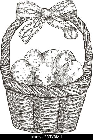 Easter egg woven basket line art in vintage sketch style. Lace ribbon bow and speckled shell. Hand drawn vector illustration. Ideal for holiday card invitation design. Cute design for springtime hunt. Stock Vector