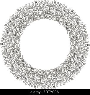 Round wreath with wildflower and copy space in vintage sketch style. Hand drawn vector decorative festive design. Graphic drawing ideal for Easter card template. Perfect for spring holiday season. Stock Vector