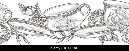 Seamless border with sketch style vintage dishware and rose flower. Hand drawn vector outline art design of plate and sauce boat. Graphic print ideal for card template. Perfect for holiday season. Stock Vector