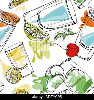 Appletini and absinthe, Lemon drop juice, electric Kamikaze, fruit garnish. Vector seamless pattern of multicolor shots. Hand drawn for wrapping paper Stock Vector