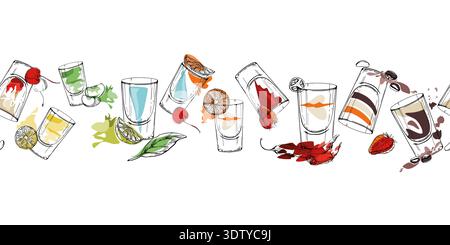 Alcoholic beverages, refreshing drinks, lemonade. Playful seamless strip of multicolor shots. Hand drawn ink vector for lifestyle graphics, decorative Stock Vector