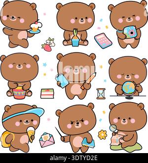 Kawaii bear. Cute funny bears various poses. Cartoon animal going to school, eating ice cream and cake, studying, explorer world. Children mascots Stock Vector