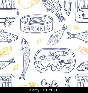 Sardines seamless pattern. Canned seafood, mackerel anchovies sardine fish hand drawn. Restaurant kitchen market textile print, neoteric vector Stock Vector