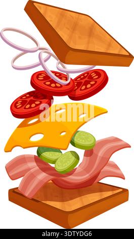 Sandwich ingredients. Two toast slices, cheese, bacon, cucumber, onion rings and tomatoes. Flying food, snack for breakfast, lunch or dinner, sapid Stock Vector