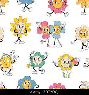 Retro chamomile characters seamless pattern. Cartoon funny flowers, blossom daisy different emotions. Groovy print for fabric, textile, wallpaper Stock Vector