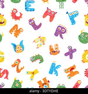 Cute monsters seamless pattern. Letters monster, funny childish mascots. Decorative crayon drawing design, fabric, textile print vector template Stock Vector