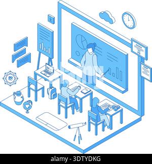 Isometric online school concept. Digital studying for students, pupils. Teacher on screen, children sitting at desk. Video lecture, workshop, nifty Stock Vector
