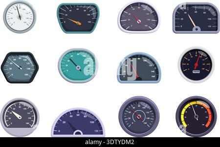 Cartoon speedometer. Car dashboard elements for speed measuring. Odometers, power and acceleration measurement, rpm indicators, sapid vector clipart Stock Vector