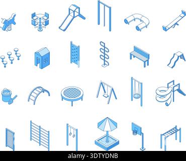 Outdoor playground isometric icons. Kindergarten, preschool yard equipment for workout and play children. Sliders, swings, sandbox nifty vector linear Stock Vector