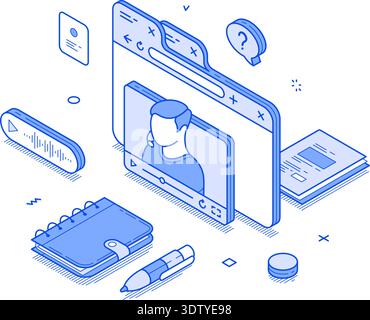 A modern isometric line vector illustration displays an online coaching session. The visual features a character engaged in a video call, surrounded b Stock Vector