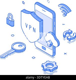 Isometric line illustration features a mobile device surrounded by elements representing a virtual private network, including a shield, cloud, and sec Stock Vector