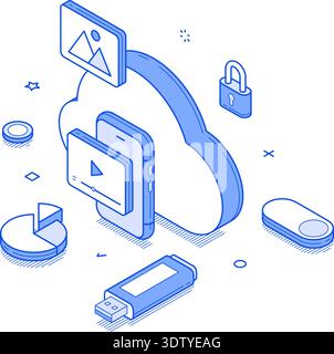 Cloud storage, featuring devices, data visuals, and encryption symbols, showcasing modern tech and secure data management. Modern isometric vector ill Stock Vector