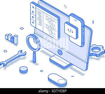 Isometric line vector illustration depicting software testing. A computer screen displays code while tools and icons symbolize debugging and analysis Stock Vector