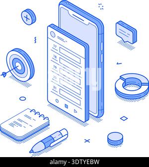 Isometric line illustration depicts a smartphone displaying tasks and schedules, surrounded by tools like notepads and pens, emphasizing modern organi Stock Vector