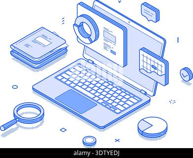 Isometric design featuring a laptop surrounded by charts, reports, and analytical tools. It represents the audit process and modern assessment techniq Stock Vector
