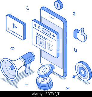 Various elements of a PPC campaign, featuring a smartphone, ads, social media icons, and marketing tools to enhance digital advertising strategies. Mo Stock Vector