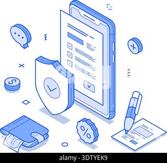Digital devices and icons surrounding a smartphone illustrate the concept of insurance and financial services in a modern setting. Modern isometric li Stock Vector
