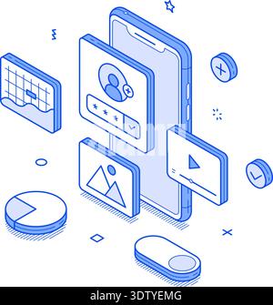 Isometric vector illustration highlights the latest trends in UX/UI design, featuring smartphone icons, social media, maps, and digital elements. Perf Stock Vector
