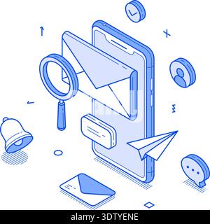 Isometric vector illustration showcasing email management features, including notifications, folders, and productivity tools. Perfect for digital mark Stock Vector