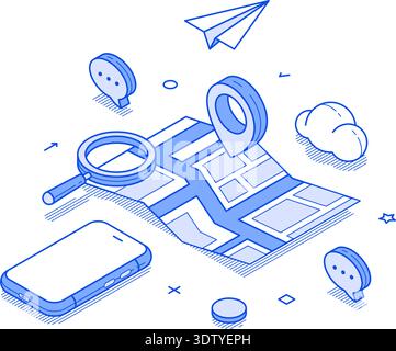 Map with a magnifying glass and geolocation markers alongside a smartphone and cloud icons. Modern isometric line vector illustration Stock Vector