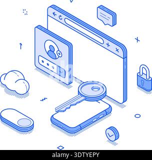 Modern isometric infographic showcasing the concept of two-factor authentication with smartphones, keys, and security icons Stock Vector