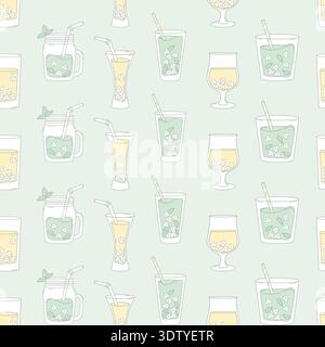 Fresh Summer Drink Lemonade Seamless Pattern. Refreshing Mint Cocktail Drinking Glasses with Ice Cubes on light Green Background. Minimalist Square Stock Vector