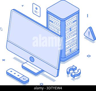 A detailed isometric vector illustration showcasing a data center setup with a server, monitor, and various IT elements, perfect for tech-related info Stock Vector