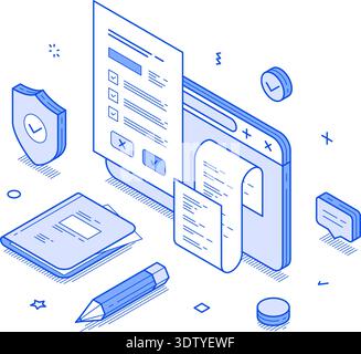 Digital interface for terms and conditions. Elements include checkboxes, documents, and a pencil, emphasizing clarity and organization. Modern isometr Stock Vector