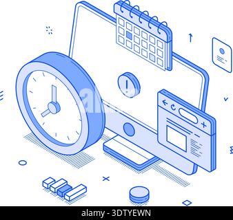 A modern isometric illustration showcasing time management tools, including a clock, calendar, laptop, smartphone, and sticky notes, emphasizing the i Stock Vector