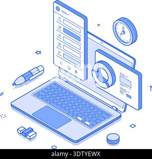Laptop displaying productivity metrics, a mobile device with a task list, and a clock, representing efficient workspace tools. Modern isometric line v Stock Vector