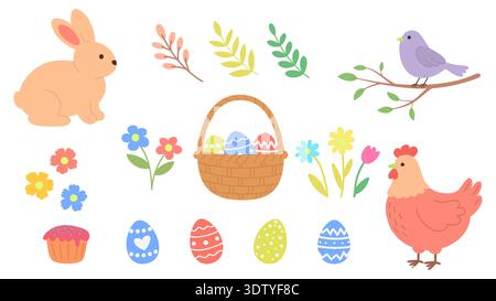 Cute Easter and spring vector set with bunny, chicken, bird, flowers, basket and decorated eggs Stock Vector