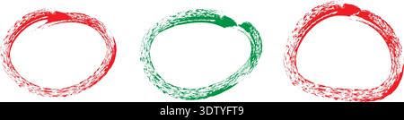 This image features three distinct circular brush strokes, each exhibiting a unique color and texture. The first stroke on the left is a vivid red, th Stock Vector