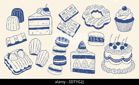 Hand drawn dessert vector set with cakes, cupcakes, macarons, chocolate, pastries and sweets. Cute bakery illustrations in minimal doodle style Stock Vector