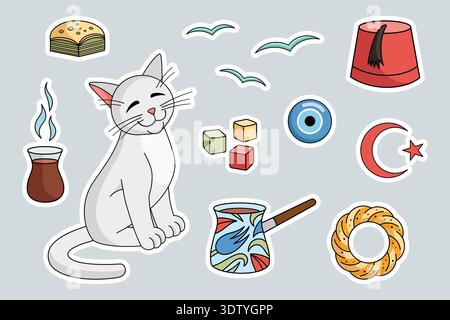 Turkish culture stickers set - Cezve, tea cup, baklava, bagel, star and crescent, angora cat, delight, amulet, seagull, fez. Vector collection. Turkish angora cat character with Turkish cup of tea. Stock Vector
