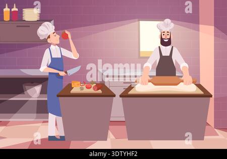 Chef restaurant. cooking characters preparing pizza in restaurant cuisine. vector cartoon background Stock Vector