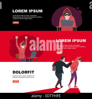 Hacker. firewall hack on pc cyber thief. vector horizontal banners with place for personal text Stock Vector