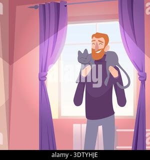 Cat lover. happy man holding little kitten. vector cartoon background with people and pets hugging Stock Vector