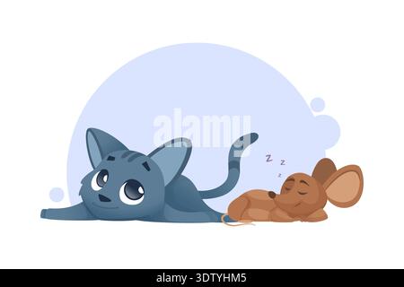 Cat and mouse. sleeping cute little characters mouse with cat Stock Vector