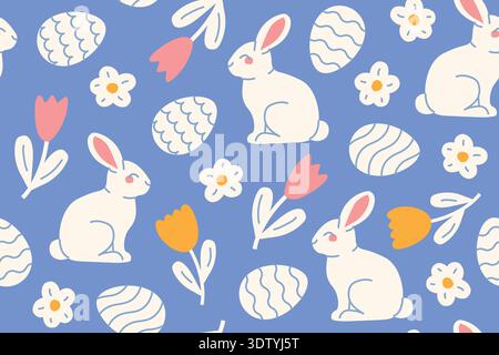 cute easter, spring seamless pattern with bunnies, eggs, tulips; great for wrapping, greeting cards, social media graphics- vector illustration Stock Vector