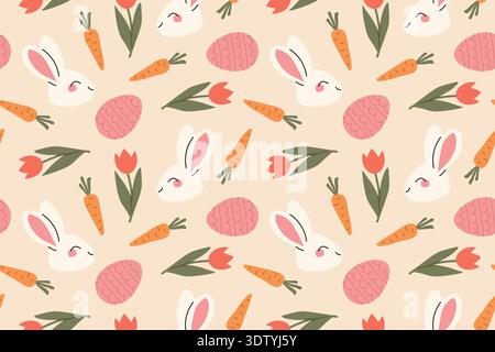 seamless easter pattern with rabbits, carrots, eggs and tulips - vector illustration Stock Vector