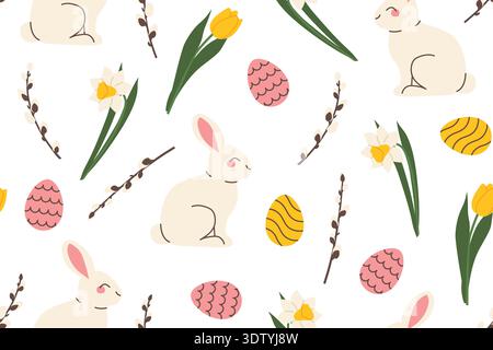 seamless easter pattern with rabbits, eggs, catkins, daffodils and tulips - vector illustration Stock Vector