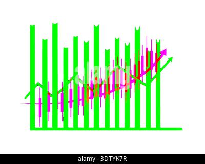 Vibrant Abstract Candlestick Stock Market Chart With Green And Pink Upward Trending Growth Indicator Arrows. Stock Vector